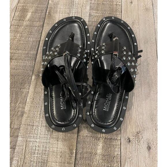 MICHAEL Michael Kors | Black Jagger Ankle-Tie Studded Leather Sandal | Size 7 - Picture 4 of 13